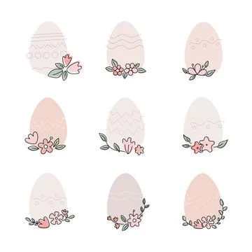 Set of simple pastel easter eggs with flower line ornate for template of card Illustrazione stock