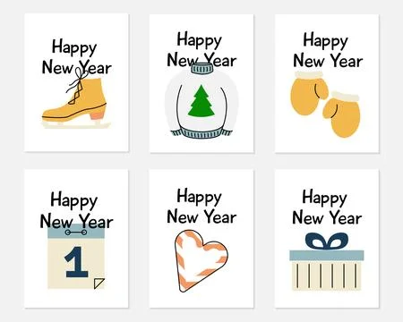 Set of simple postcards for the New Year. Symbols of Christmas. The text of.. Stock Illustration