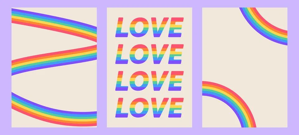 Set simple posters rainbow arcs and LOVE text in pride colors. Celebrates d.. Stock Illustration