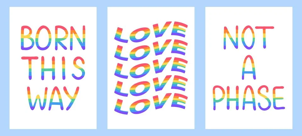 Set simple posters rainbow text in pride colors. Celebrates diversity, equa.. Illustrazione stock