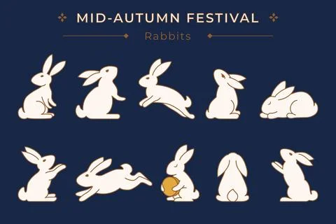 Set of simple rabbit characters in different poses for Mid Autumn Festival Stock Illustration