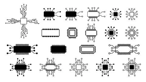 Set of simple schematic chips and components for microcircuits isolated Stock Illustration