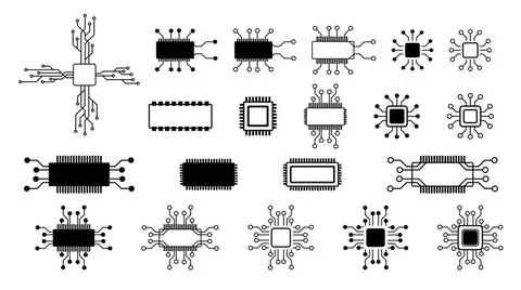 Set of simple schematic chips and components for microcircuits isolated on... Stock Photos