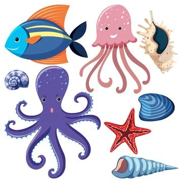 Set of simple sea underwater creature Stock Illustration