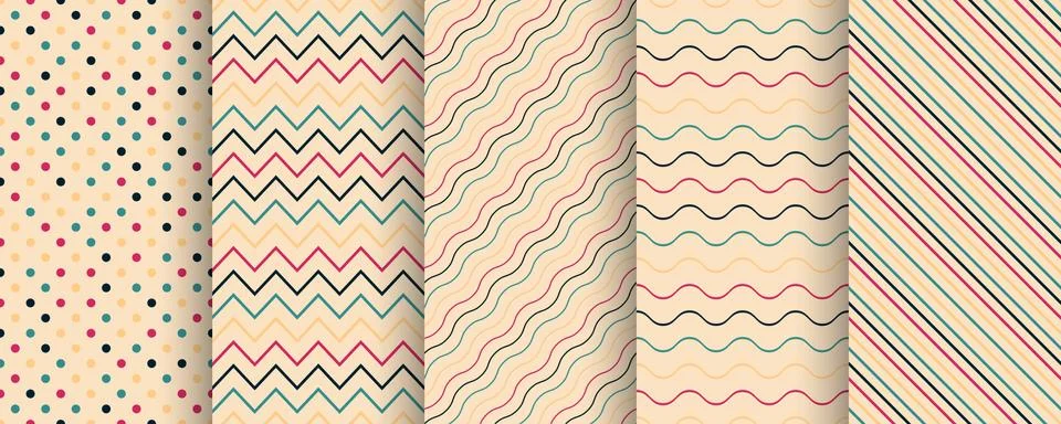 Set of simple seamless color patterns - retro minimalistic design. Striped, dots Stock Illustration