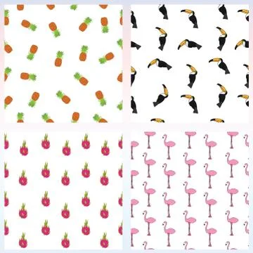 Set of simple seamless pattern with exotic tropical birds and fruits Stock Illustration