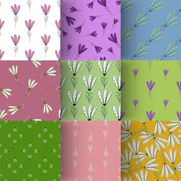 Set of simple seamless pattern with flower silhouette print. Ditsy ornament c Stock Illustration