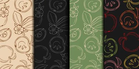 Set of simple seamless patterns with sketch apples and slice apples Ilustração Stock