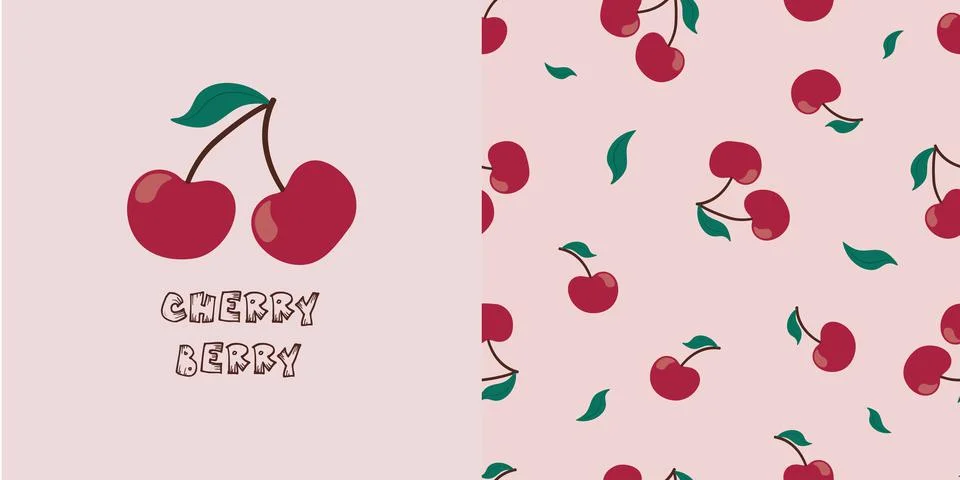 Set of Simple seamless red cherry pattern on light pink background and Cute d Stockillustratie