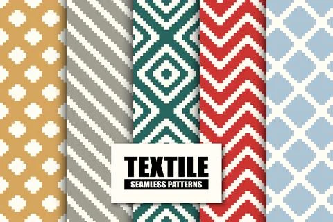 Set of simple seamless textile patterns - colorful geometric design. Vector Ilustração Stock