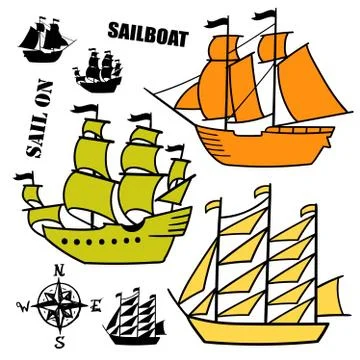 Set of simple sketch illustrations old sailboats, pirate ships with a sail Illustrazione stock