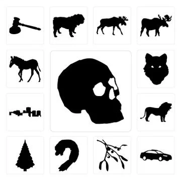 Set of simple skull outline on white background, police car mistletoe shrimp  Free Stock Illustration