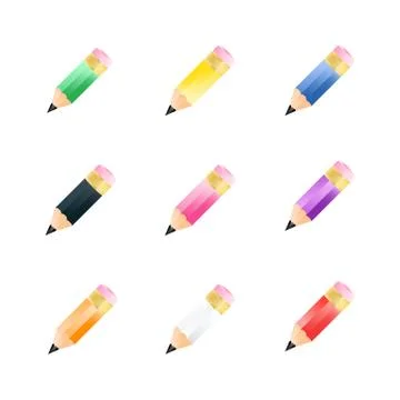 Set of simple small pencils with eraser, different colors. Realistic style Stock Illustration