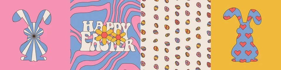 Set of simple square posters or cards for Happy Easter. Groovy bunny silhouettes 스톡 일러스트