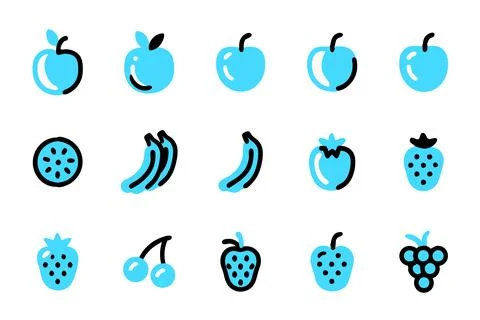 A set of simple stylized fruit icons in a vibrant light blue Illustrazione stock
