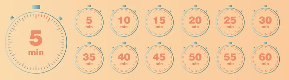 Set of simple timers. Set of nine elements. Stock Illustration