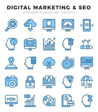 Set of simple Two Color Digital Marketing &amp; SEO Icons. Two Color art icons .. Stock Illustration