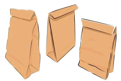 Set Simple Vector Brown Hand Draw Sketch of Paper Bag, Closed Lid, 3 perspect Stock Illustration