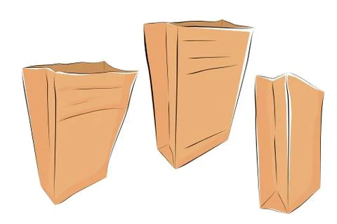 Set Simple Vector Brown Hand Draw Sketch of Paper Bag, Closed Lid, 3 perspect Stock Illustration