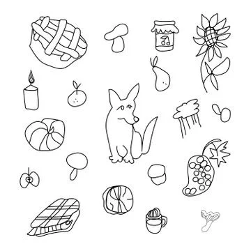 Set simple vector dog,coffee,jam,pumpkin,apple,mandarin,grapes,firewood Stock Illustration