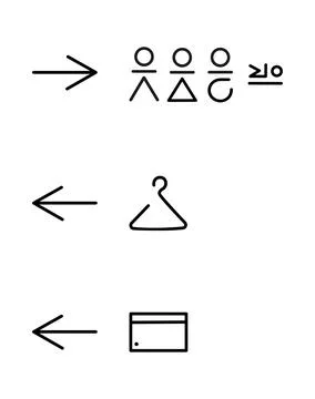 Set of simple vector icons: directions, people, hanger, and card in black Stock Illustration