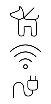 Set of simple vector icons: dog, wifi, and plug symbols in black outline style Stock Illustration