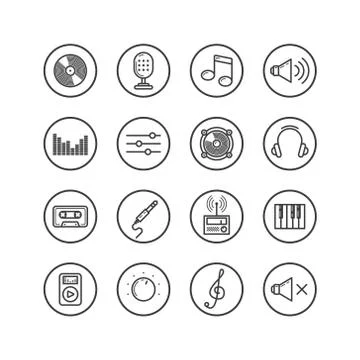 Set of simple vector line art icons on music theme in a round frame Stock-Illustration