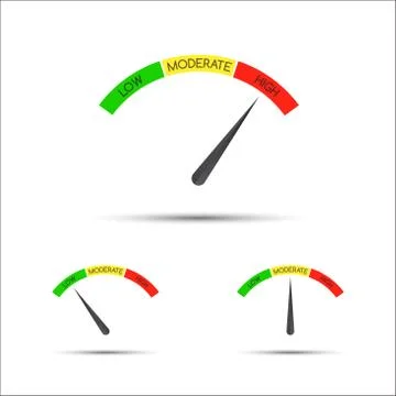 Set of simple vector tachometer with descriptions (low, moderate, high) 스톡 일러스트