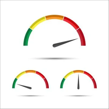 Set of simple vector tachometer with indicator in green, yellow and red part Illustrazione stock
