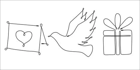 Set of single line drawing of romantic elements Vector hand drawn line art st Illustrazione stock