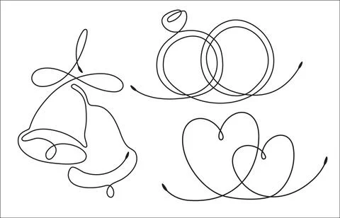 Set of single line drawing of romantic elements. Wedding rings, two hearts, t Stock Illustration