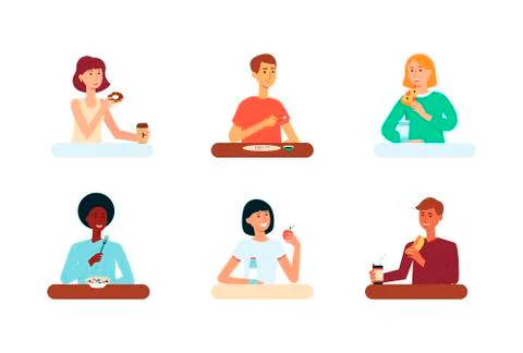 Set of single people sit at table eating various food flat cartoon style Ilustración de archivo