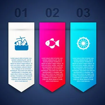 Set Sinking cruise ship, Fish and Ship steering wheel. Business infographic.. Stock Illustration