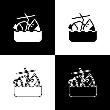 Set Sinking cruise ship icon isolated on black and white background. Travel.. Stock Illustration