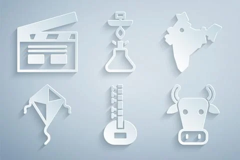 Set Sitar, India map, Kite, Cow, Hookah and Bollywood indian cinema icon. Vector Stock Illustration