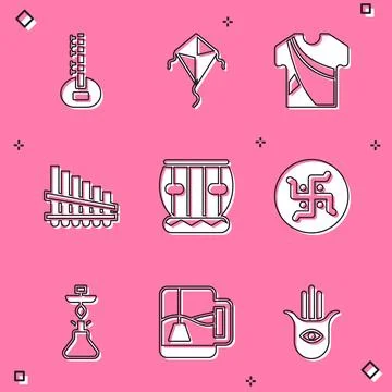 Set Sitar, Kite, Indian man dress, Pan flute, Instrument tabla, Hindu swast.. Stock Illustration