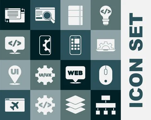 Set Site map, Computer mouse, Web development, Sketchbook or album, Front end Illustrazione stock