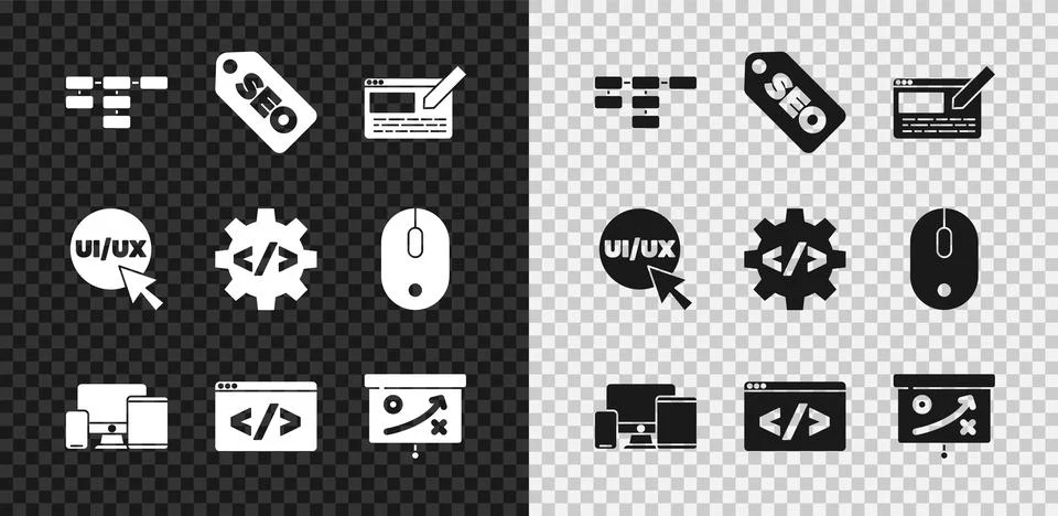 Set Site map, SEO optimization, UI or UX design, Monitor, mobile, tablet, Front Illustrazione stock