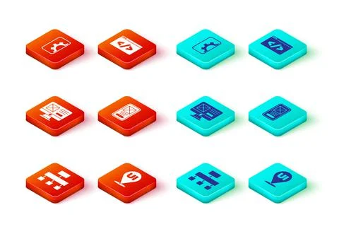 Set Site map, UI or UX design, Front end development and Web icon. Vector Stock Illustration