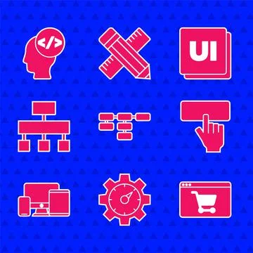 Set Site map, Website statistic, Online shopping on screen, Keyboard, Monitor Stock Illustration