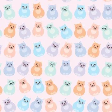 Set sitting funny fat cats, pastel colors on white background. Vector Stock Illustration