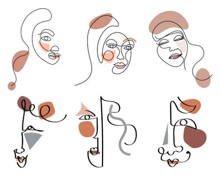 Set of six abstract face one line drawing. Portrait minimalistic style. Fine one Stock Illustration