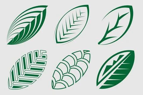 Set of Six Abstract Green Leaf Icons with Unique Vein Patterns JPG-EPS 스톡 일러스트