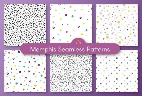 Set of six abstract shape white memphis pattern Stock Illustration