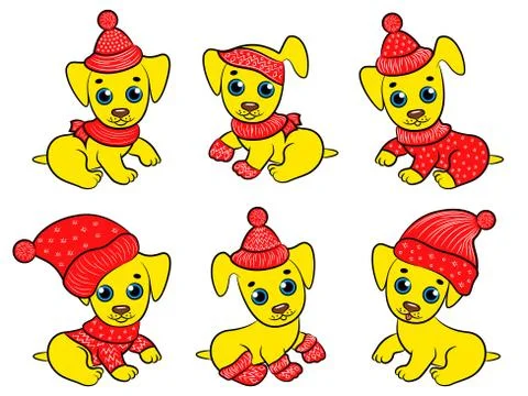 Set of six amusing yellow Xmas dogs Stock Illustration