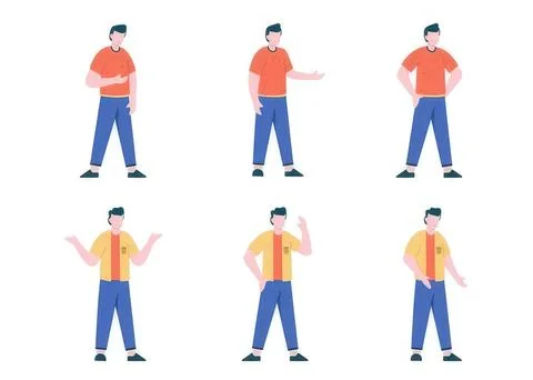 Set of six animated people in different poses with casual clothes Stock Illustration