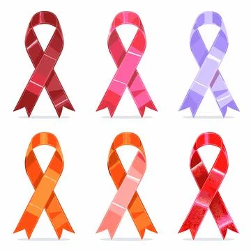 Set six awareness ribbons different colors isolated white background. Ribbons Illustrazione stock
