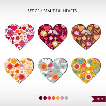 Set of six beautiful hearts Stock Illustration