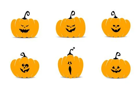 Set of six beautiful orange pumpkins with different Halloween emotions on a Stock Illustration