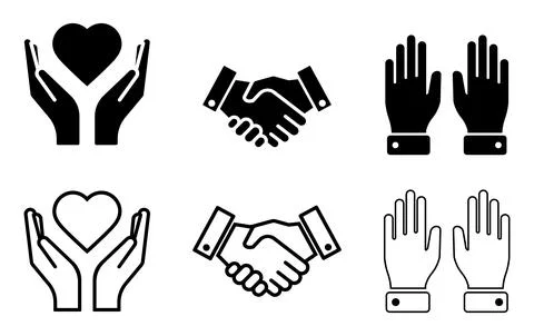Set of six black and white depicting hands and hearts handshake care Stock Illustration
